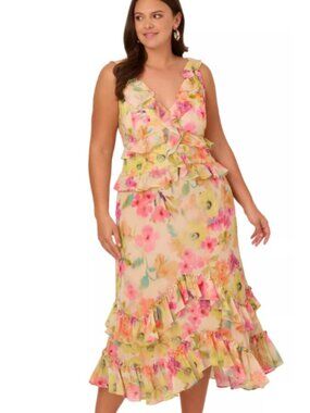 Adrianna Papell Cream Lime Pink Floral Ruffle Formal Evening Dress Size 16